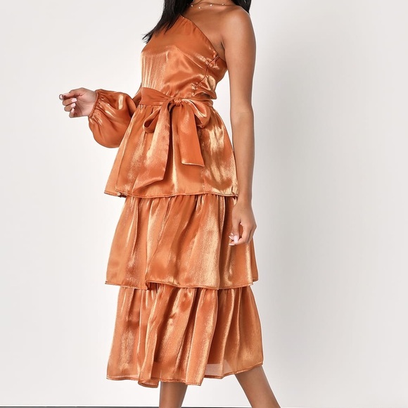 NWT Lulus Sweet Excellence Shiny Rust Orange One-Shoulder Tiered Dress - Picture 3 of 4